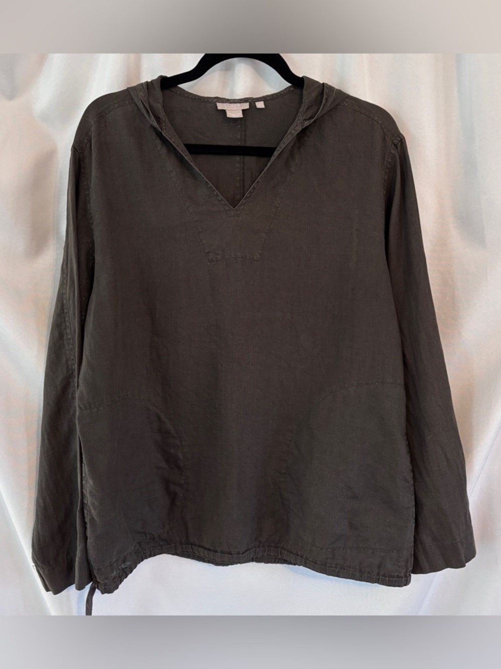 J. Crew Dark Olive V-Neck Hooded Top ~ 100% Linen ~ Sz Sml ~ Comfy, Boho, Layer